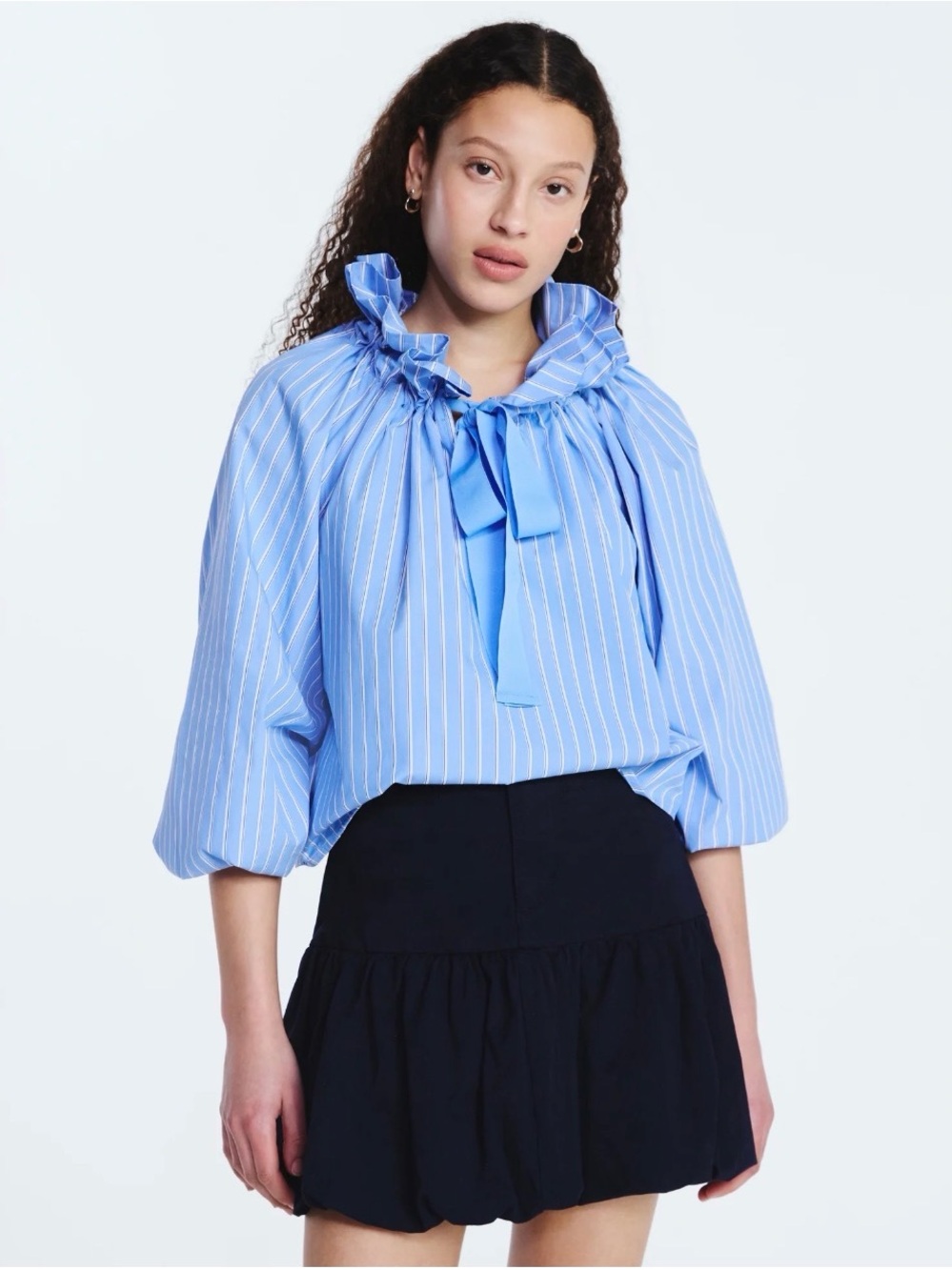 Free Assembly Ruffle Tie Neck Cotton Top with Long Puff Sleeve NWT - Picture 2 of 8